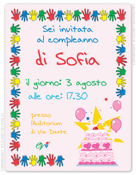 Etichetta Vino
Sei invitata
al compleanno
di Sofia
il giorno: 3 agosto
alle ore: 17.30
presso
L'Auditorium
di Via Dante