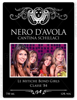 Etichetta Vino
NERO D'AVOLA
CANTINA SCHILLACI
LE MITICHE BOND GIRLS
CLASSE '84
750 ml
12% vol