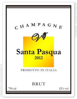Etichetta Vino
CHAMPAGNE
Santa Pasqua
2012
PRODOTTO IN ITALIA
BRUT
750 ml
12% vol