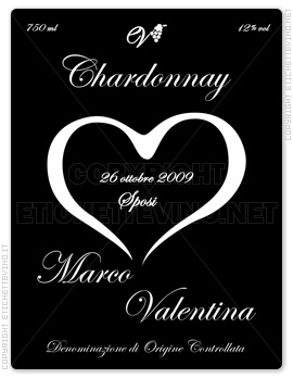 Etichetta Vino
750 ml
12% vol
Chardonnay
26 ottobre 2009
Sposi
Marco
Valentina
Denominazione di Origine Controllata