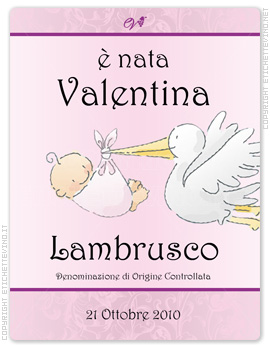 Etichetta Vino
è nata
Valentina
Lambrusco
Denominazione di Origine Controllata
21 Ottobre 2010 Etichetta Vino
è nata
Valentina
Lambrusco
Denominazione di Origine Controllata
21 Ottobre 2010
