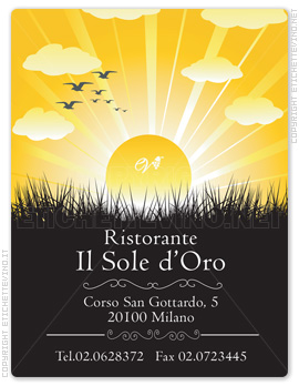 Etichetta Vino
Ristorante
Il Sole d'Oro
Corso San Gottardo, 5
20100 Milano
Tel.02.0628372 Fax 02.0723445